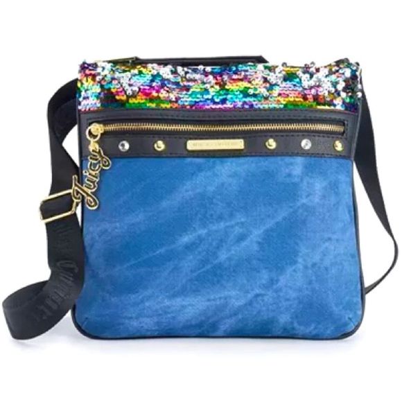 Juicy Couture Handbags - NWT Juicy Couture Womens Juniors Disco Denim Print Large Crossbody Bag Purse New